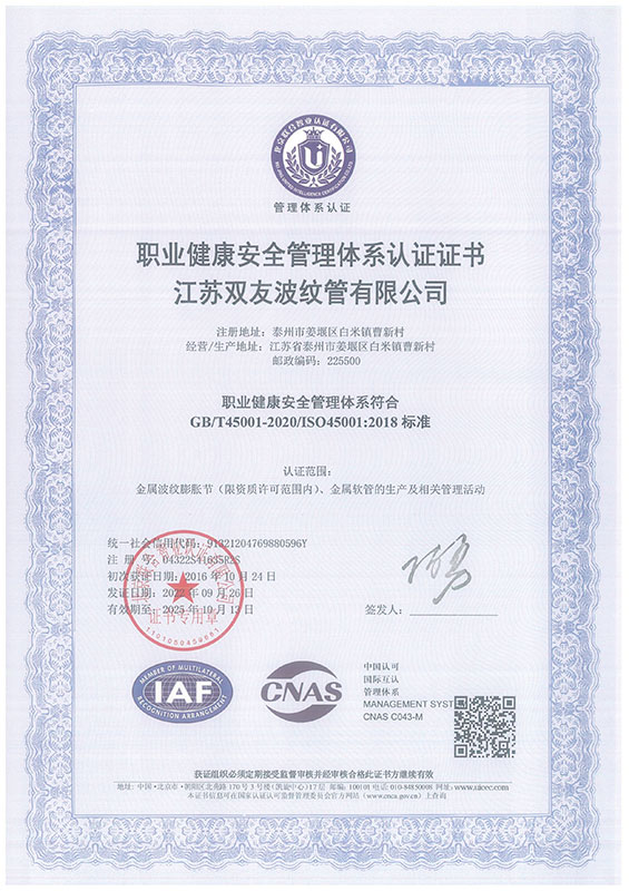 職業(yè)健康安全管理體系認證證書